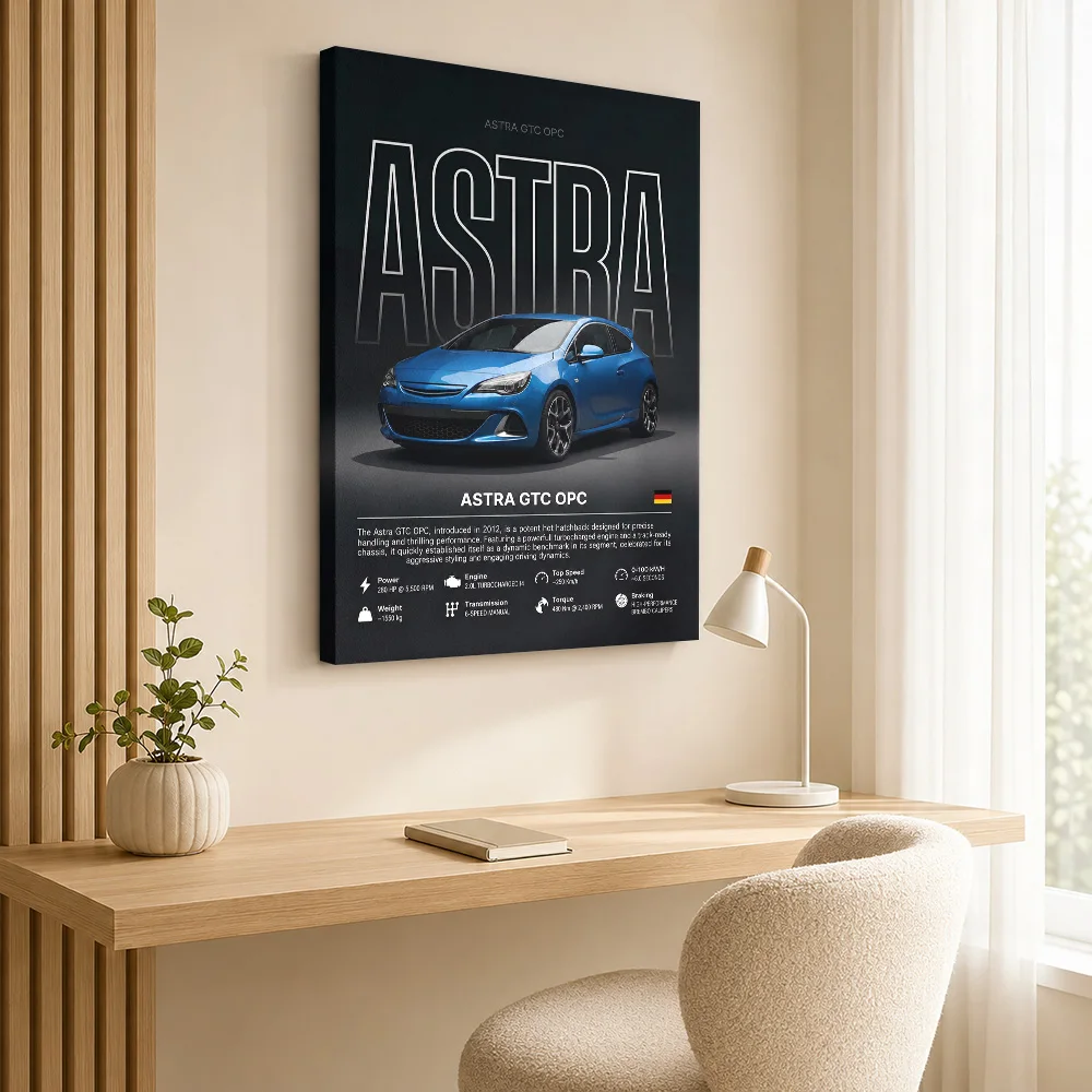 German Astra GTC OPC Car Canvas Poster Customized Photo Large Lettering With Technical Data Wall Art For Auto Shop Reception