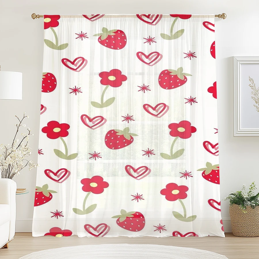 1PC Red Strawberry Heart Flower Sheer Curtain Cute Romantic Window Drape Light Filtering for Bedroom Living Room Home Decor