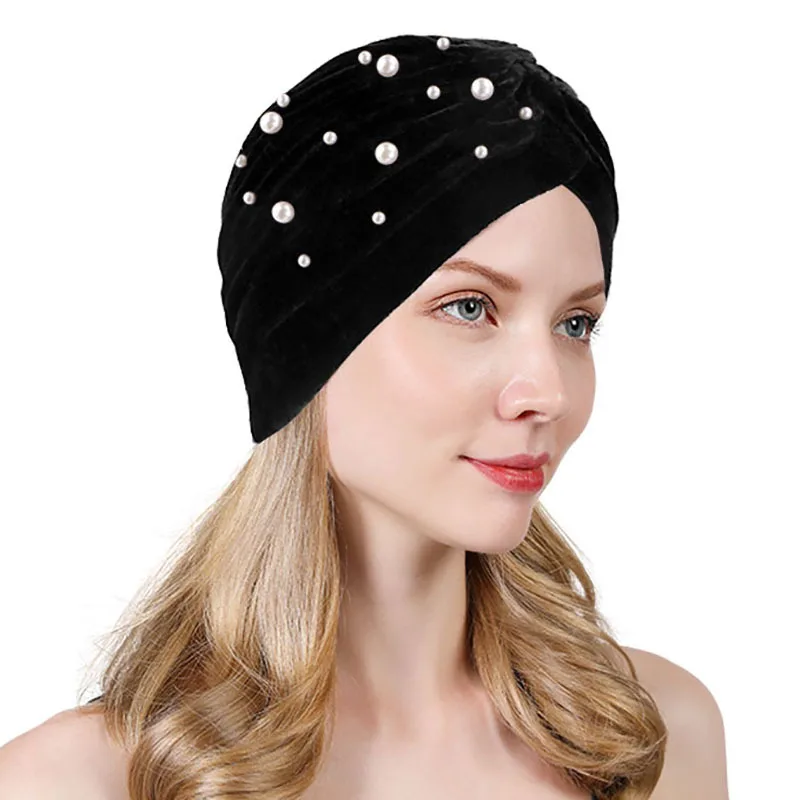 

New Fashion Style Casual Beaded Pearls Stretch Velvet Turban Beanies Headwrap Turban Hat Women Velvet Hijab Headwear Muslim Hats