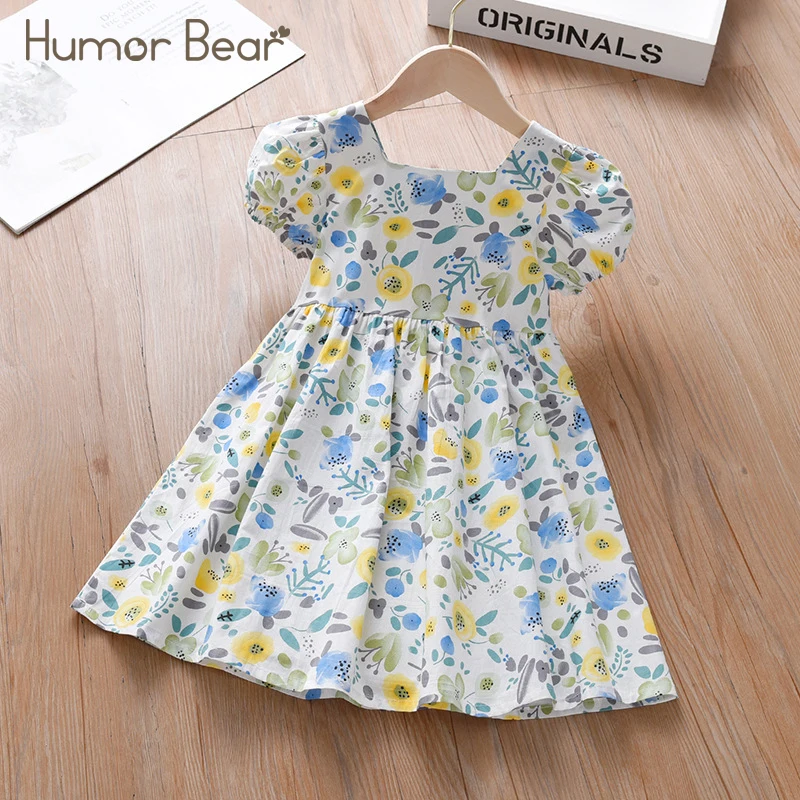 vestido-de-princesa-com-urso-humor-plissado-para-meninas-manga-lanterna-linha-a-gola-quadrada-pequena-roupas-infantis-floral