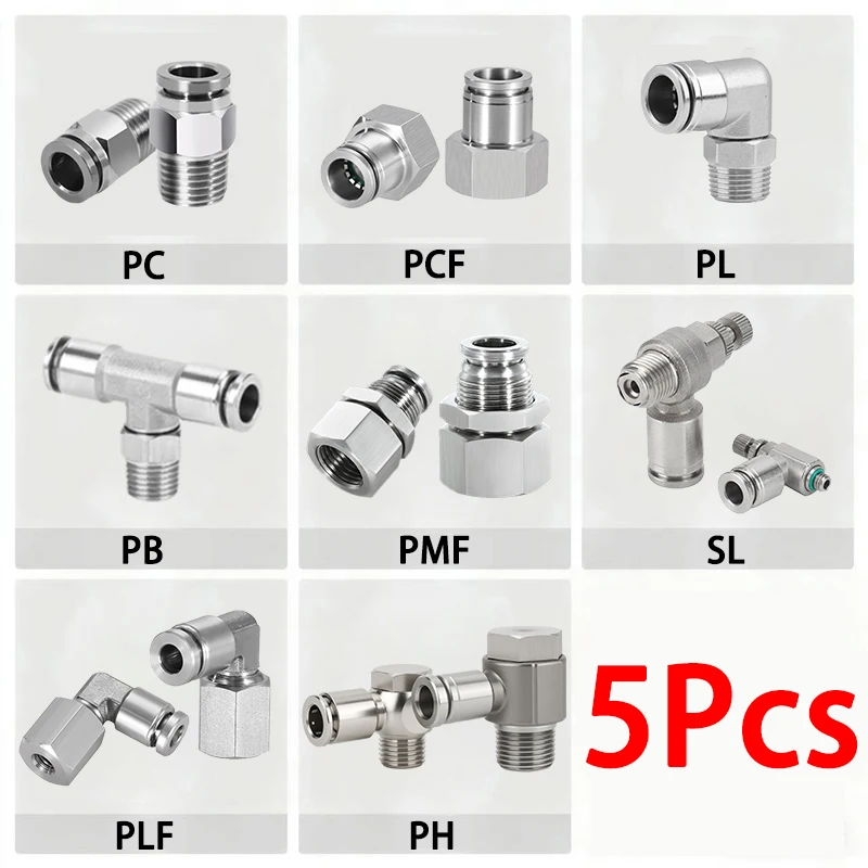 5Pcs 304 Stainless Steel Pneumatic Hose Fitting PC PB PCF PL PMF SL PLF PH Air Tube Connector 1/8 1/4 3/8 1/2 BSP Pipe Fitting