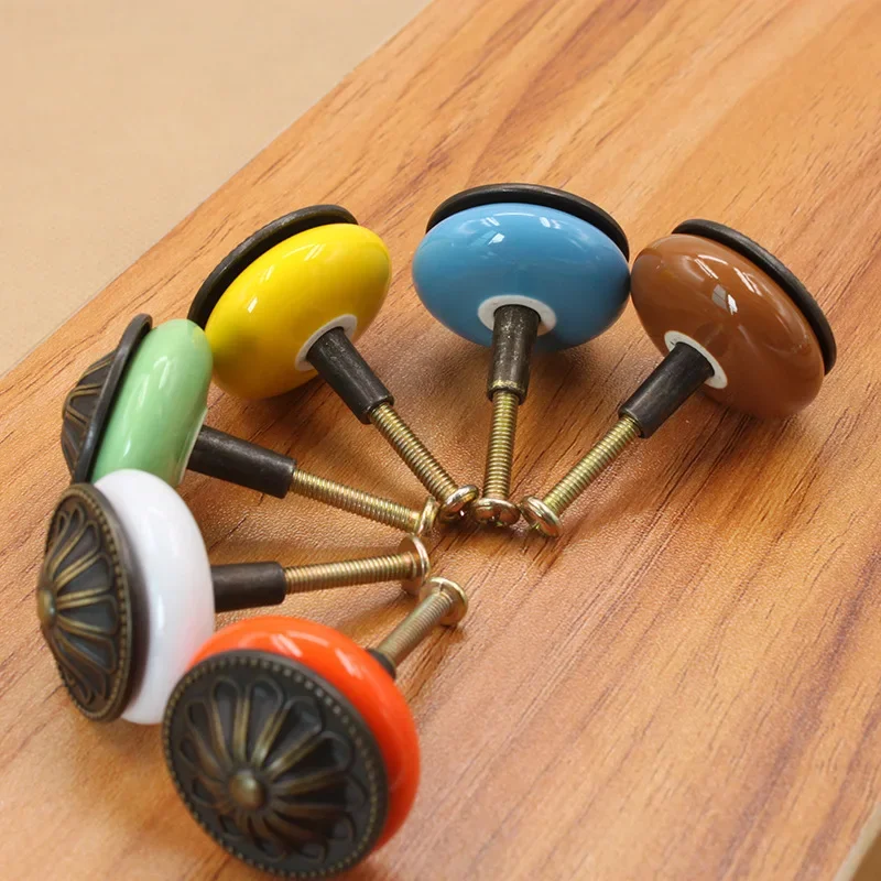 Ceramic handle European cabinet drawer single hole round antique copper handle new color pastoral style