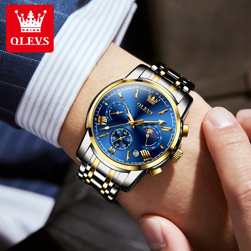 OLEVS Men\'s Watch Luxury Brand Quartz Watch Classic Lunar Phase Waterproof Skeleton Chronograph Code Watch Business Men\'s Watch