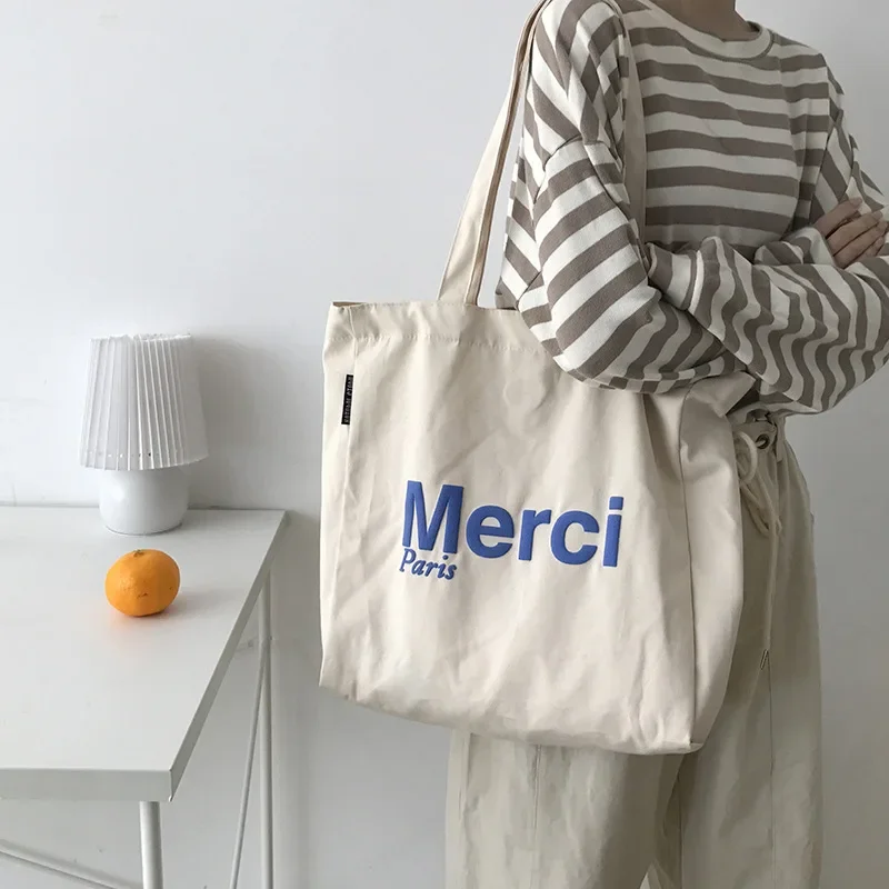 3D Merci Women Large Canvas Shoulder Bag French Print Eco Shopper Grocery Cloth Shopping Purse Handbag Ladies Casual Books Tote