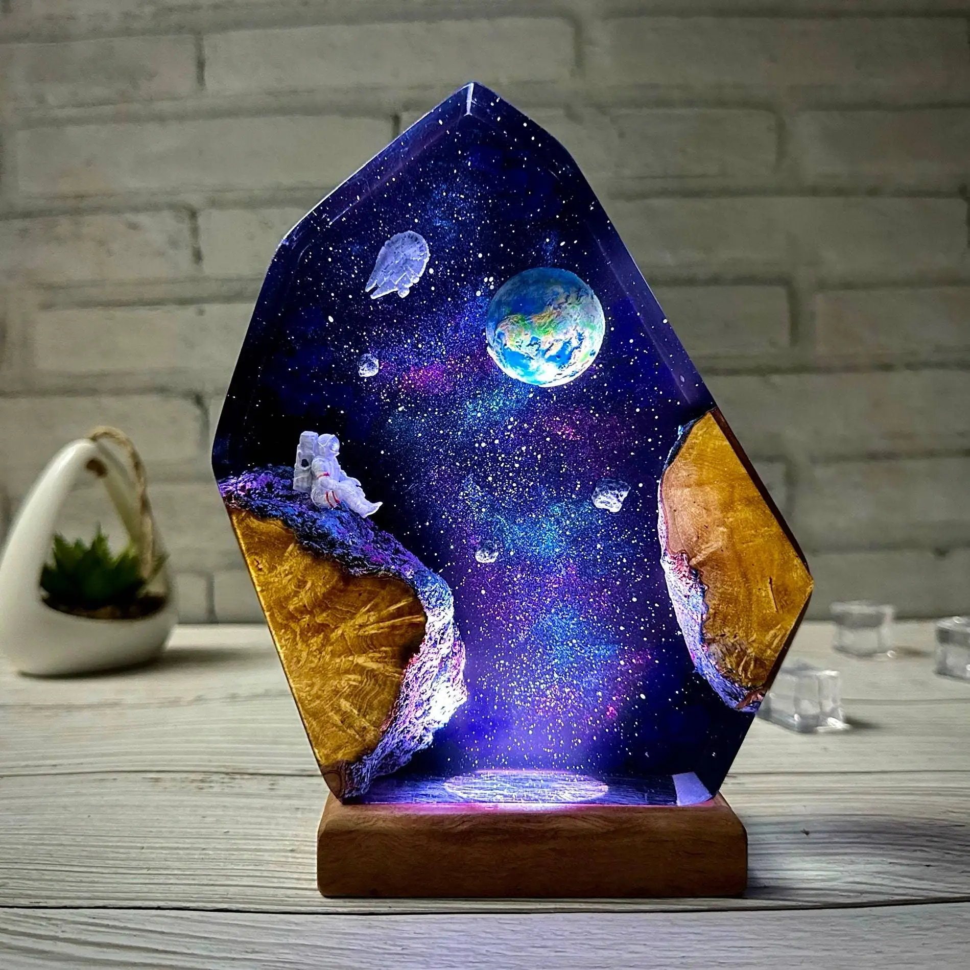 8X5 Inches Cosmic Space Galaxy Mini Night Lamp Resin Wood Decorative Piece for Home Atmosphere Decoration Art Piece
