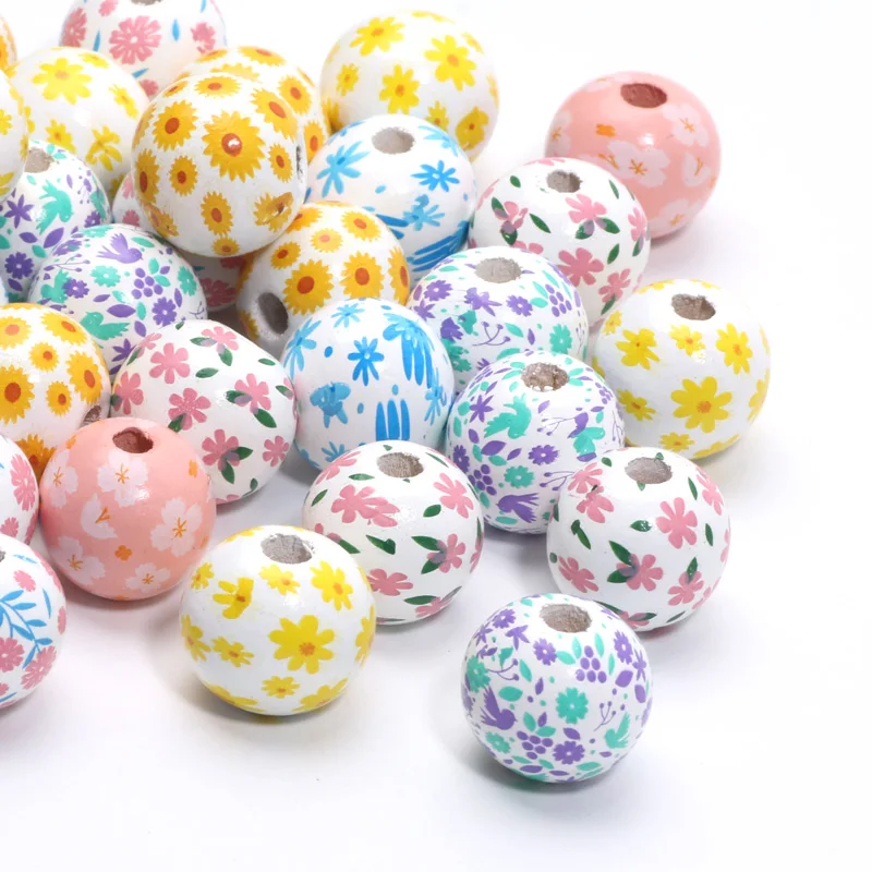 Multicolor Flower Pattern 16mm 10pcs Wooden Round Balls Spacer Beads For Jewelry Making DIY Handmade Decoration Pen Accessories