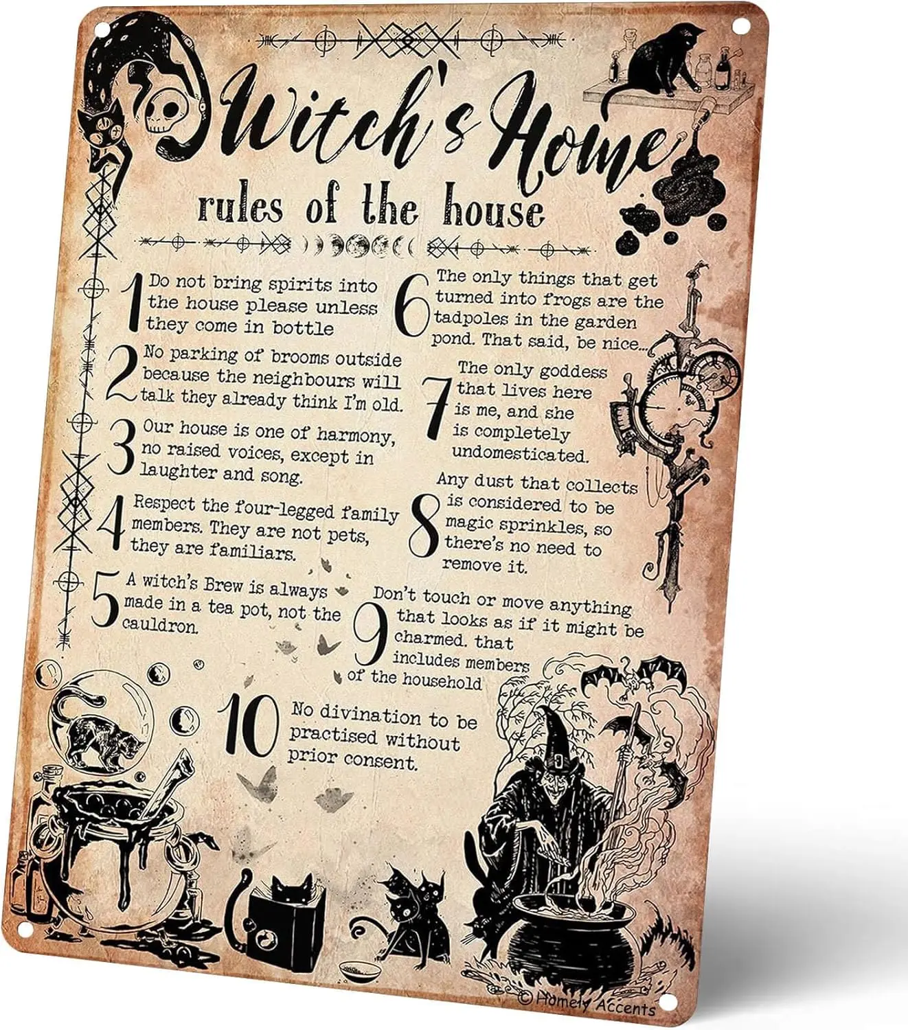 Witchs Home Rules of the House Metal Tin Sign, Vintage Halloween Decor, Witchy Kitchen Restroom Wall Art Poster Gift for Witchcr