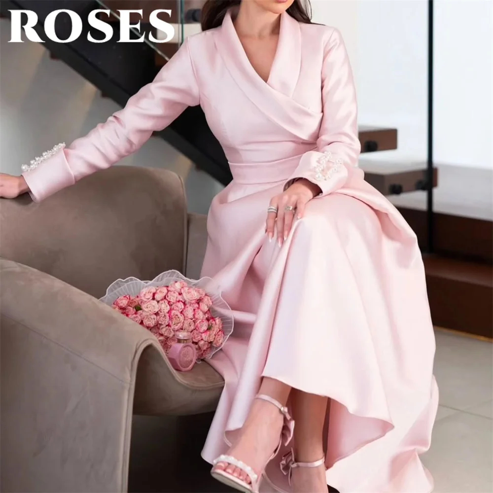 

ROSES Bright Pink Party Dresses A-Line with Pleats V-Neck Night Dresses Regular Full Sleeve Celebrity Dress for Woman Customized