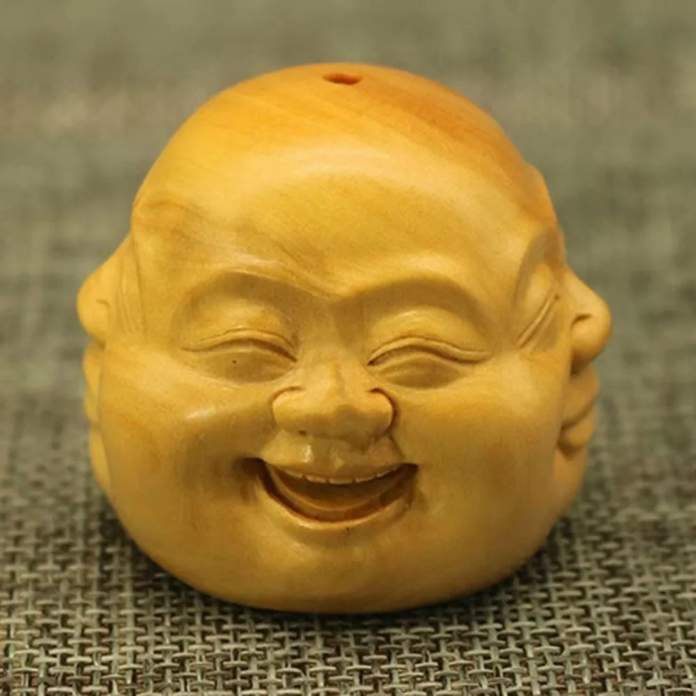 Y74, 2 INCH Japanese Boxwood Hand Carved Netsuke Sculpture Miniature : 4 Faces Buddha Mask in One