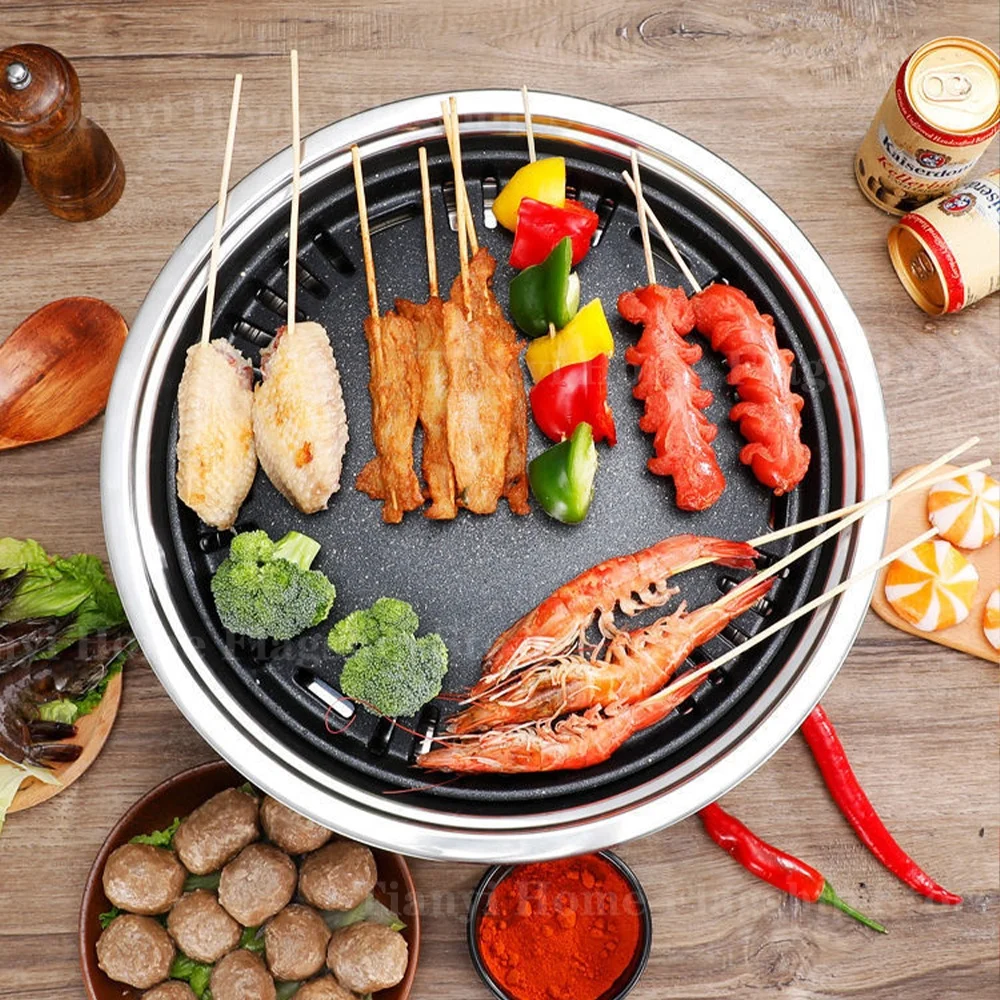 Stainless Steel Charcoal Grills Carbon Stove Barbecue Grill Rack Round Korean Non-stick Home Outdoor Camping Portable BBQ Tools