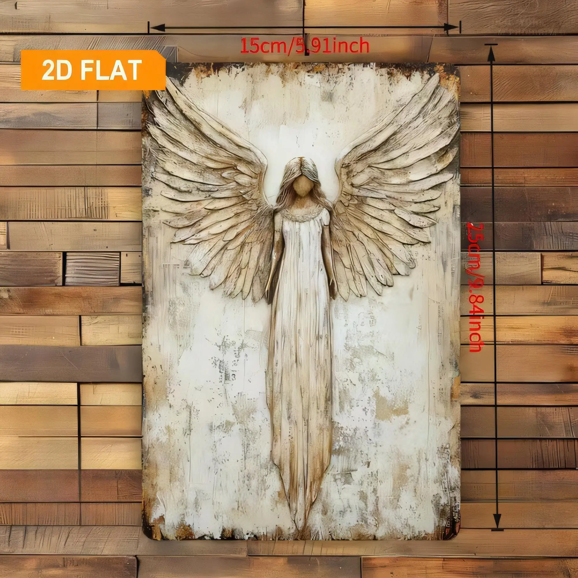 Tin Sign Vintage Angel Wings Wall Decor 2D Flat Rustic White Distressed Metal Plaque 15cm5.9in for Church Chapel Bedroom Living