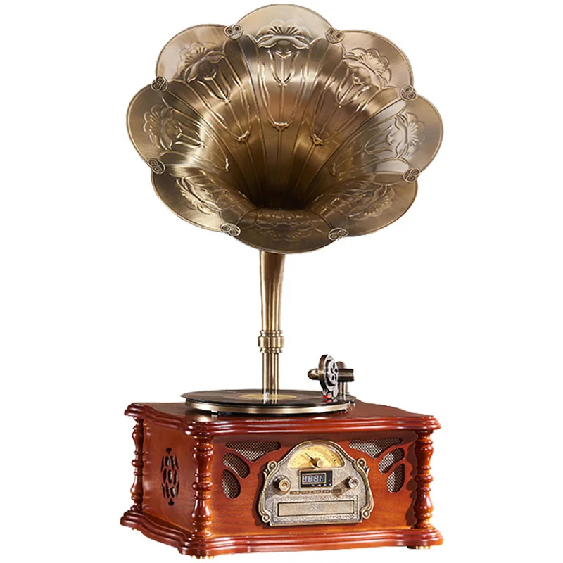 Classically Styled  Gramophone Record Player Beautiful Brown Wood Brass Finish Remote Access Copper Classic  record Player