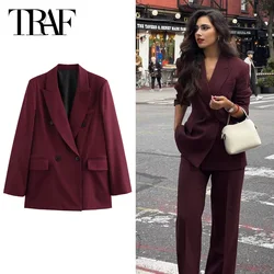 TRAF Woman 2024 Burgundy Blazer Autumn Women's Blazers Long Sleeve Double-Breasted Outerwears Office Wear Women Fashion Blazers