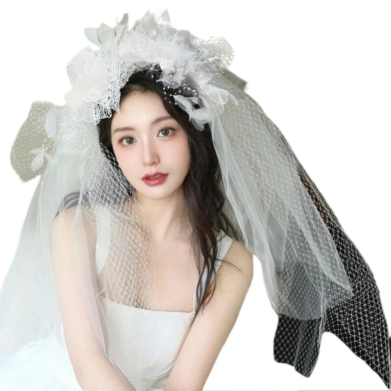 Bridal Veil Bride Short Veil Elaborate Veil Headscarf Flower White Bachelorette Party Bride Veil Sheer Head Scarf