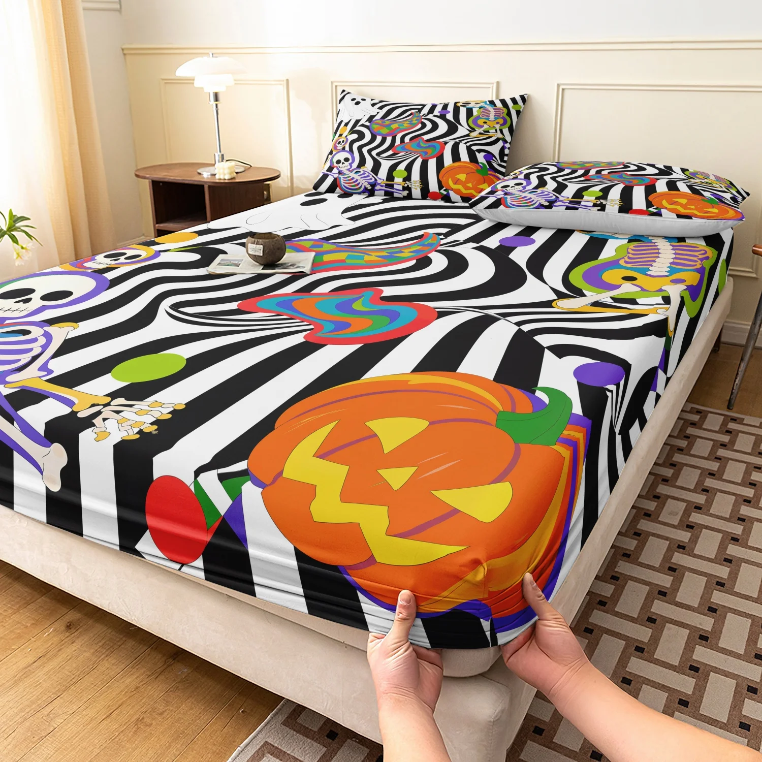 3 Pieces Rainbow Skeleton Halloween Print Fitted Sheet Set, Black White Wavy Stripe Pumpkin Ghost Colorful Swirl Printed Bedding