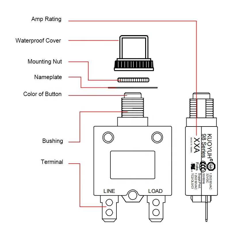 KUOYUH 98 series 3A 5A 8A 10A 12A 15A 16A 18A 20A push button reset overload protector automatic reset circuit breaker switch