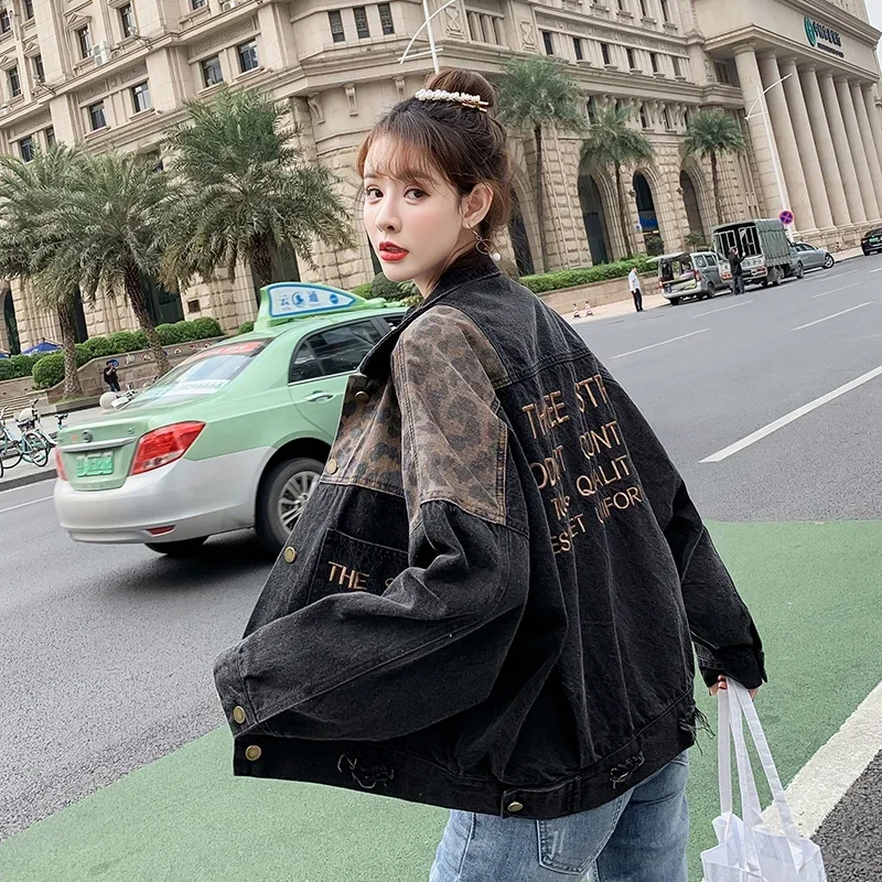 Hot 2025 Autumn Winter Denim Jacket Women Coat Letter Embroidery Leopard Patchwork Loose High Quality Female Jeans Jacket