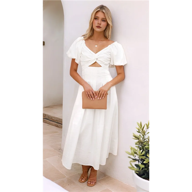 ABP-فستان نسائي صيفي بوهو ماكسي برقبة على شكل حرف V وأكمام قصيرة على شكل حرف a فستان طويل مع جيب