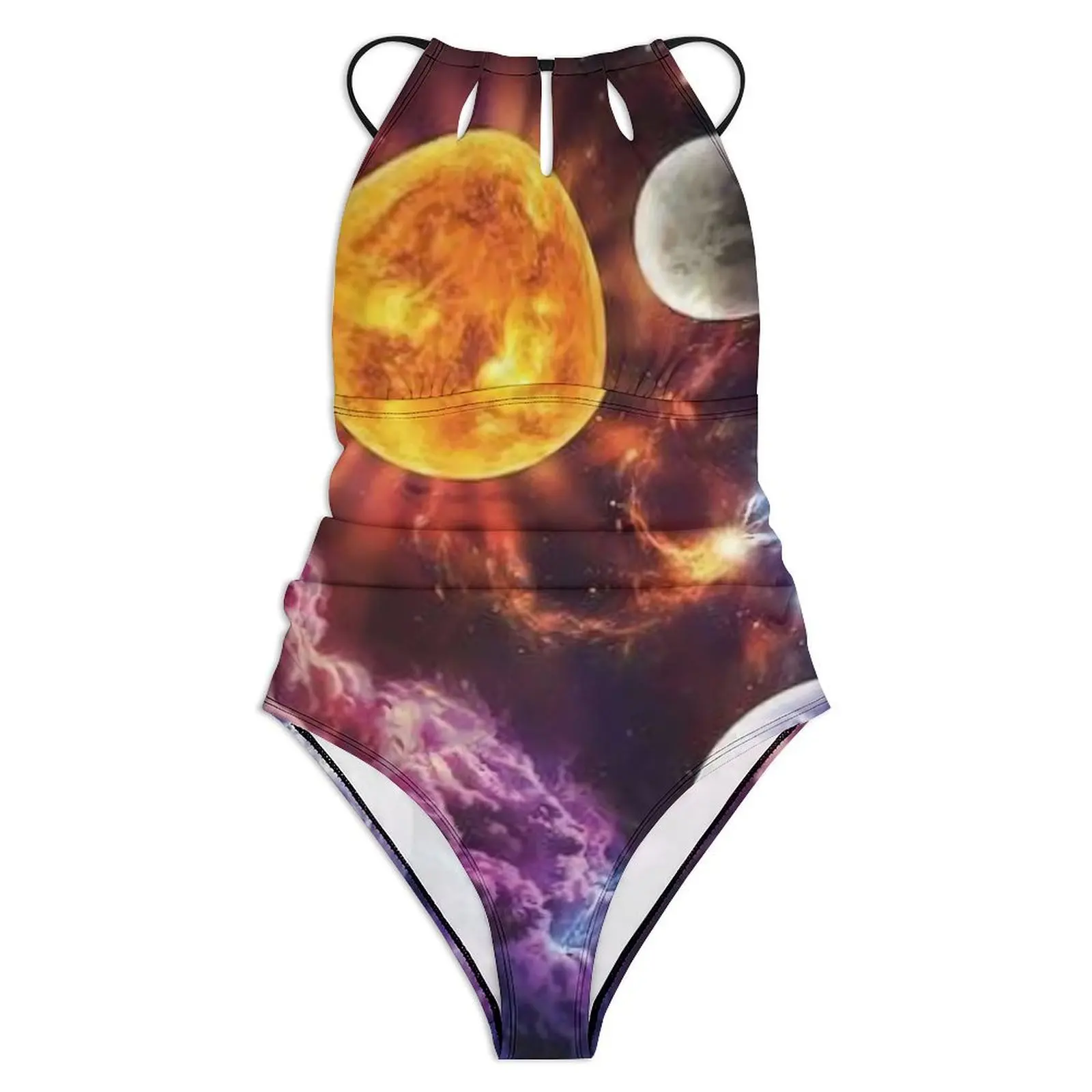 Colorful Space Swimsuit Fantasy Planets Swimwear One-Piece Holiday Rave Bodysuit Halter Monokini Lady Push Up Sexy Beach Outfits