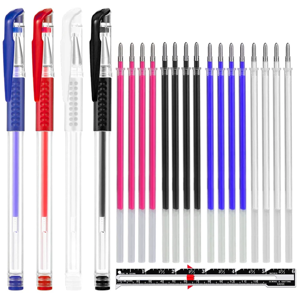 4 Colors Heat Erasable Fabric Marking Pens Holder with 16 Refills & Gauge Sewing Measuring Tool Tailors Pen for Sewing Quilting