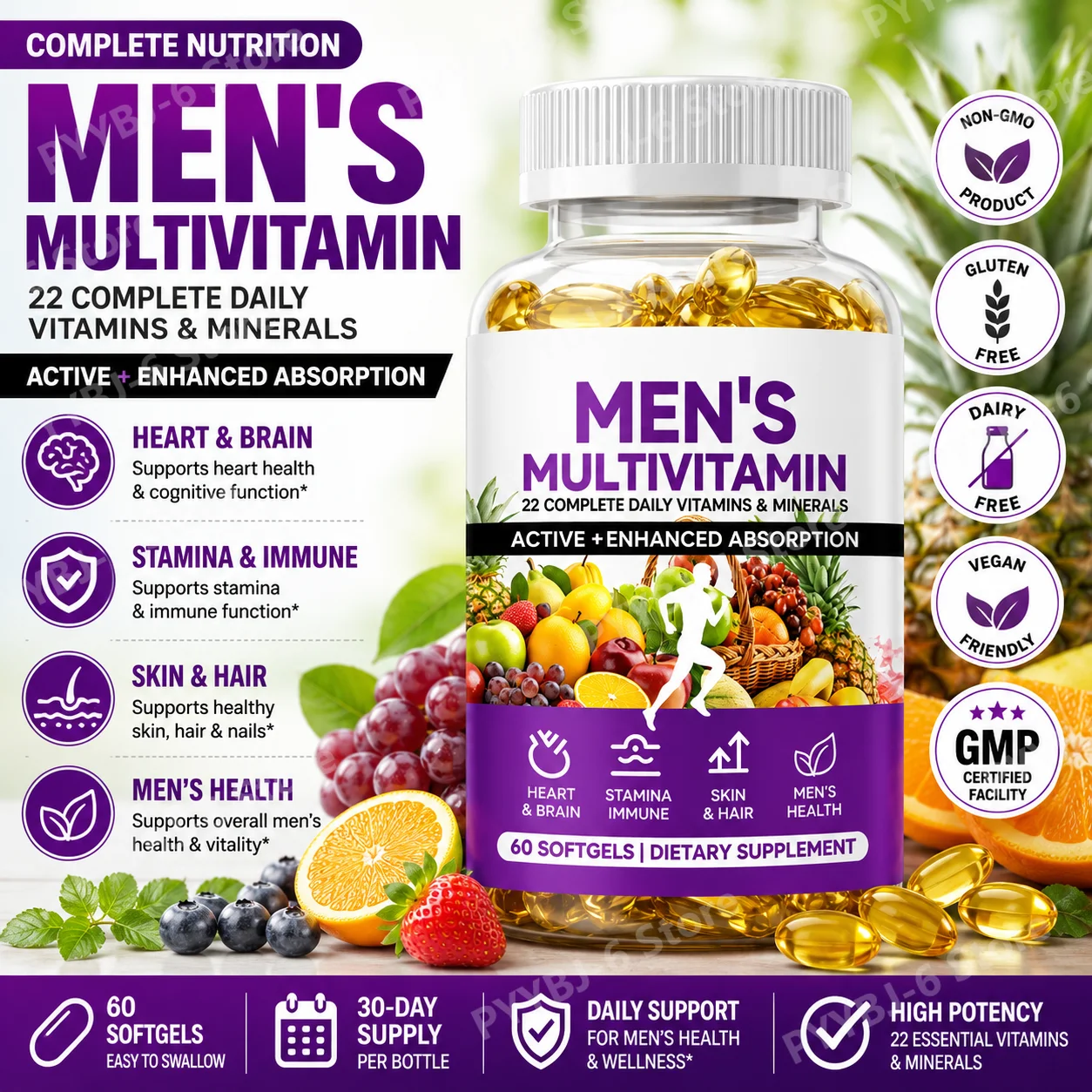 

Men's Multivitamin Softgels 22Complete Daily Vitamins &Minerals with Lycopene High Absorption Daily Nutritional Supplement 60pcs