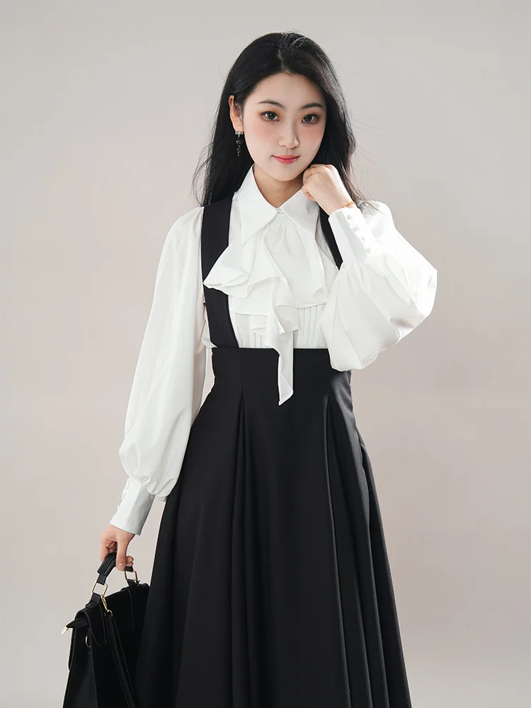 NONSAR Japanese Lolita Gothic Style Latern Long Sleeved Shirt + New Slim High Waist Black Suspenders Skirt Sweet Two Piece Sets