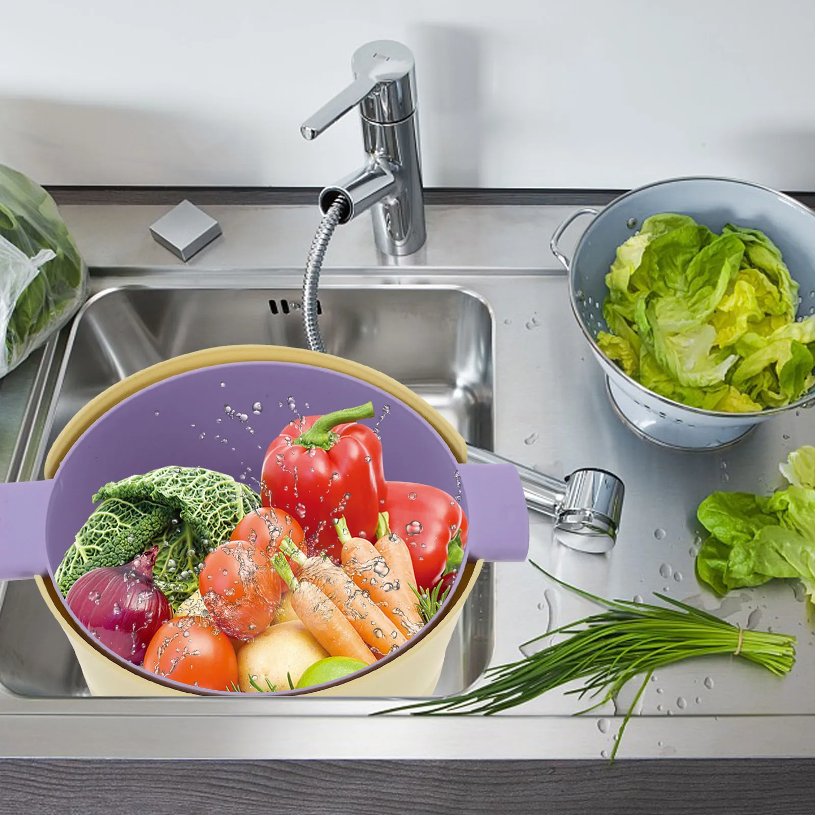 

Fruitful Vegetable Washing Basket Kitchen Strainer Bowl Double Layer Plastic Fruit Rice Bowl Multifunction Drainage Basket Small