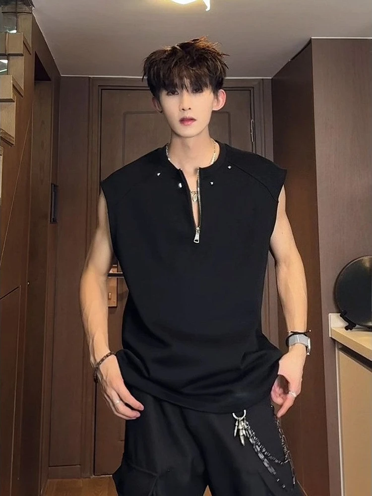 Teen Boys Half Zip Vest Punk Rivet Tank Tops Summer Slim Fit Sleeveless Tee Streetwear Designer Chest Bags