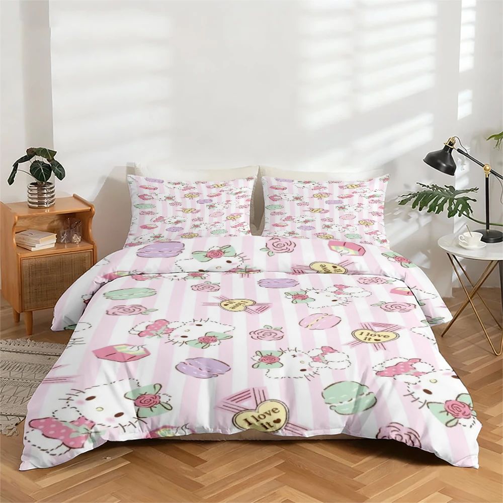 

Комплект постельного белья из 3 предметов с цифровой печатью высокого разрешения, с большим цветочным узором Hello Kitty, включает 1 пододеяльник + 2 наволочки, подходит для спальни, гостевой комнаты, домашнего декора, пододеяльник и наволочки из полиэфир