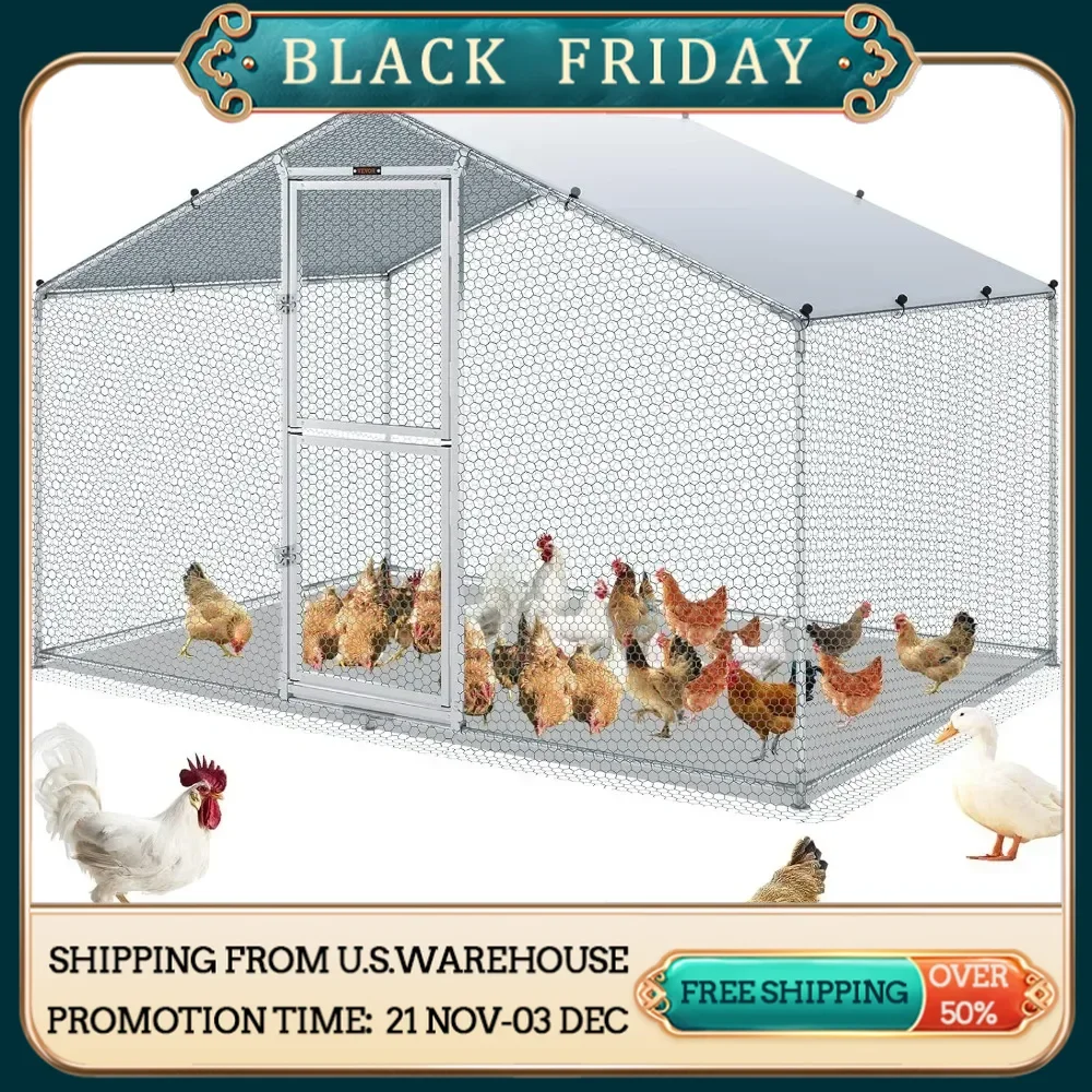 Large Metal Chicken Coop with Run,Walkin Poultry Cage for Yard with Waterproof Cover,6.6 X9.8 X 6.6 Ft Peaked Roof for Hen House