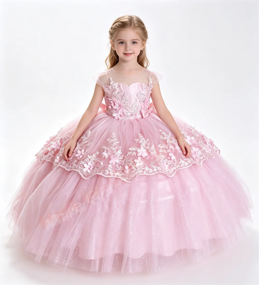 Luxurious Girls' Children's Dresses with Fluffy Satin Bows Trailing for Wedding Communion Parties and Evening Gowns