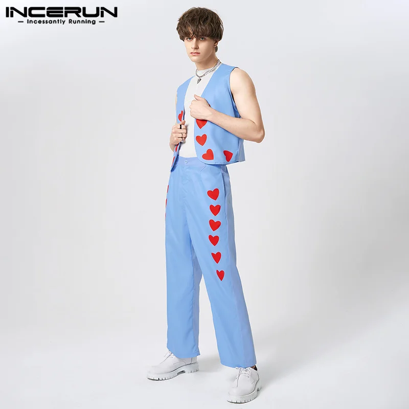 INCERUN Men Sets Printing V Neck Sleeveless Open Stitch Vests & Straight Pants 2PCS Streetwear 2023 Fashion Men's Suits S-5XL