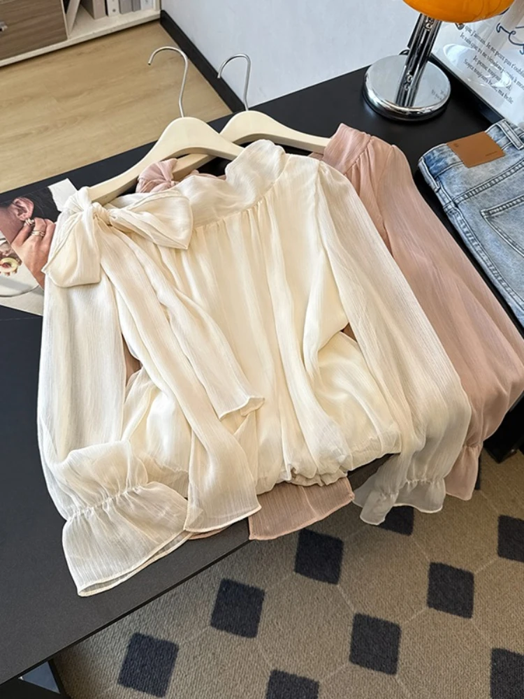 Outono francês elegante fora do ombro chiffon blusa feminina outono manga longa gravata cintura alargamento manga solta ajuste escritório camisa casual