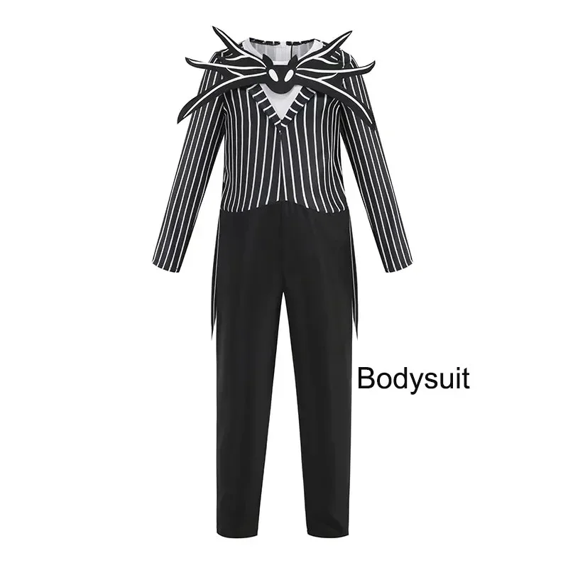 Kinder Gothic Skelett Genähtes Puppen-Cosplay-Set Gestreiftes Kostüm Patchwork-Kleid Perücke Halsband Halloween Karneval Party Outfit – Detail 10