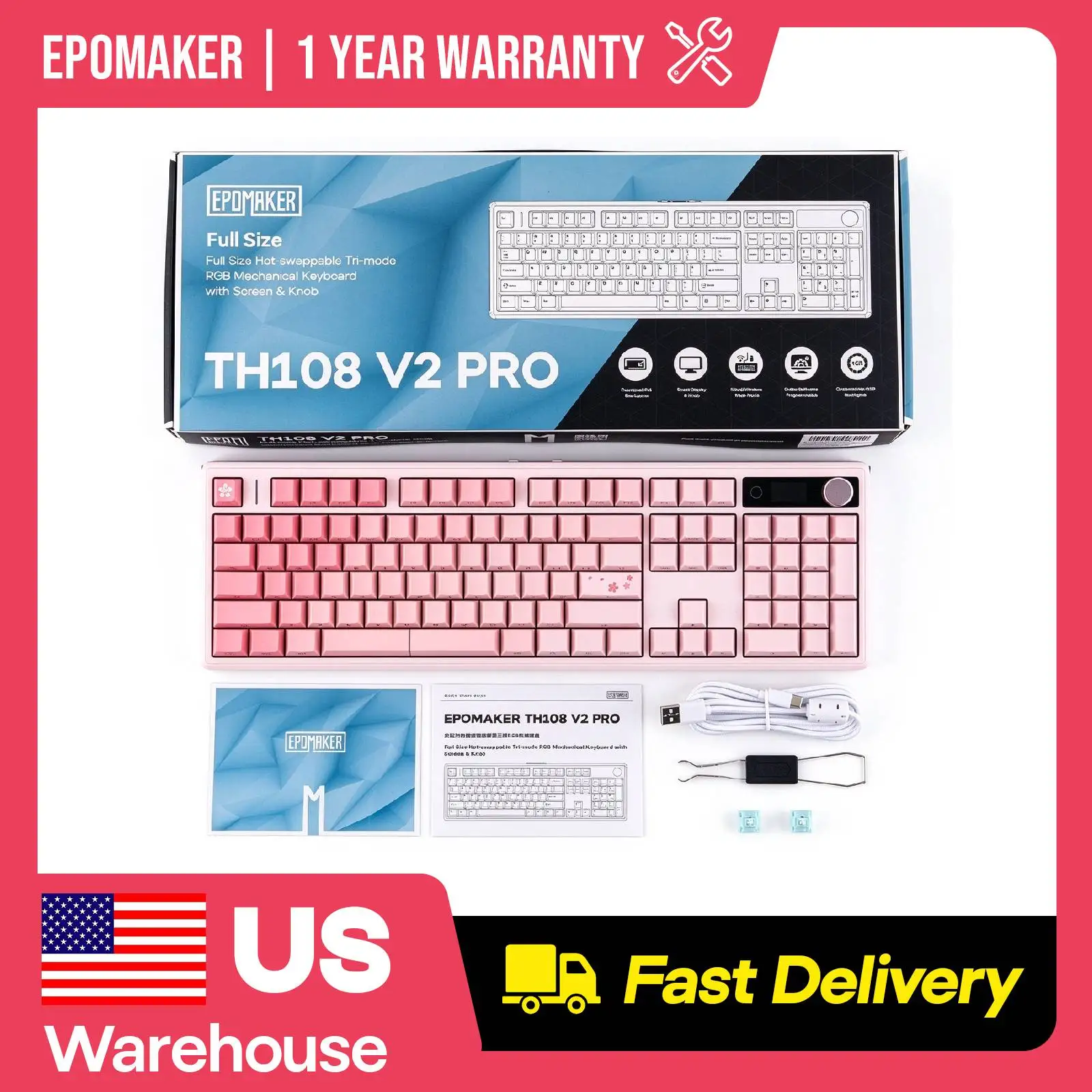 EPOMAKER TH108 V2 PRO 100% Full Sized ANSI US Layout Tri-mode Wireless Gaming Keyboard with 10000mAh & RGB Light