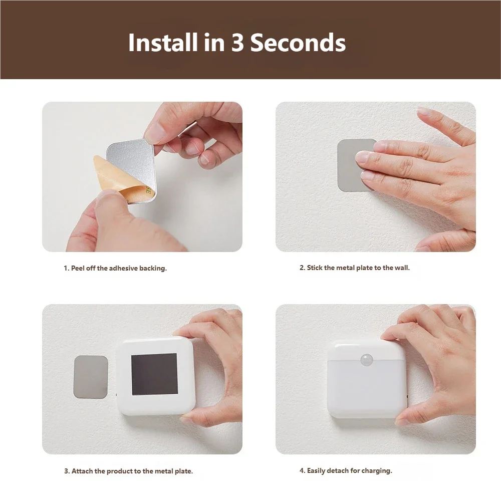 Luz Nocturna LED con Sensor de Movimiento, Lámpara de Gabinete Cuadrada Recargable por USB, para Dormitorio, Cocina, Escalera, Pasillo, Armario