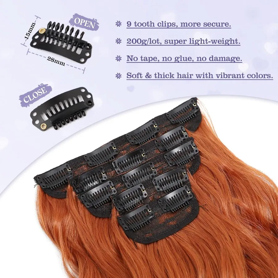 الاصطناعية وصلات شعر كليبين للنساء 20 بوصة 5 قطعة طويلة متموجة مجعد الزنجبيل البرتقالي وصلات شعر كليبين كامل رئيس الاصطناعية