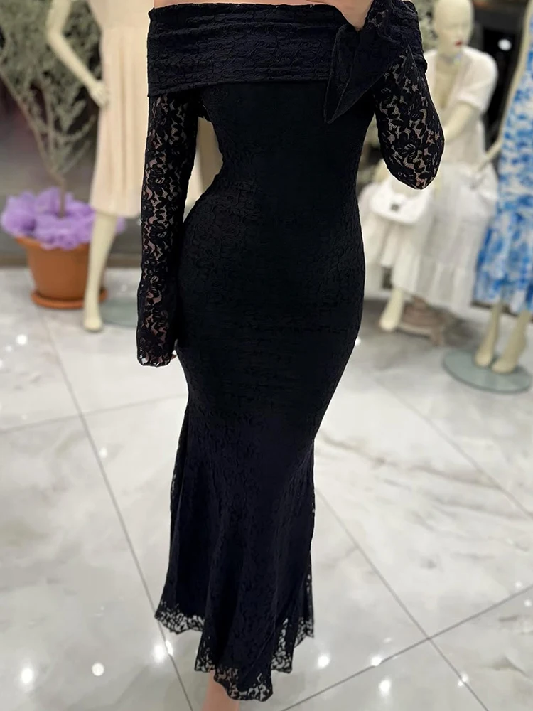Elegant Temperament High Waisted Evening Gown Lace Slim Fit Wrap Hip Autumn Dress Flared Sleeves Solid Color Women's Robe Dress