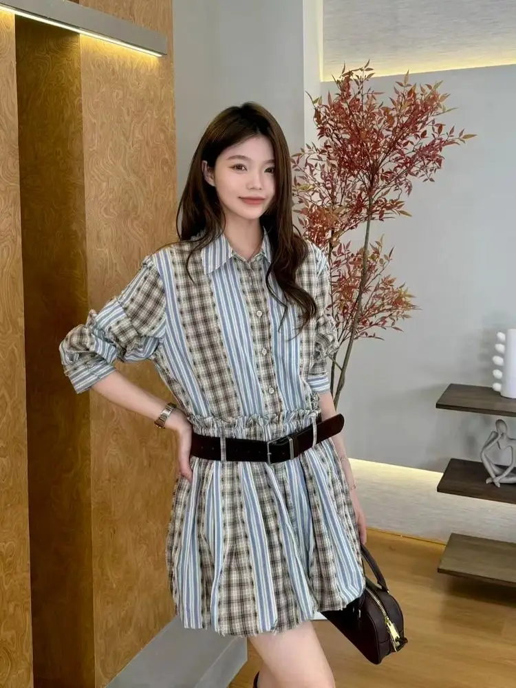 Fashionable Plaid  Collar Shirt Dress Women's Waist-Cinching Slimming Youthful Short Skirt Casual Style Silk Cotton Material
