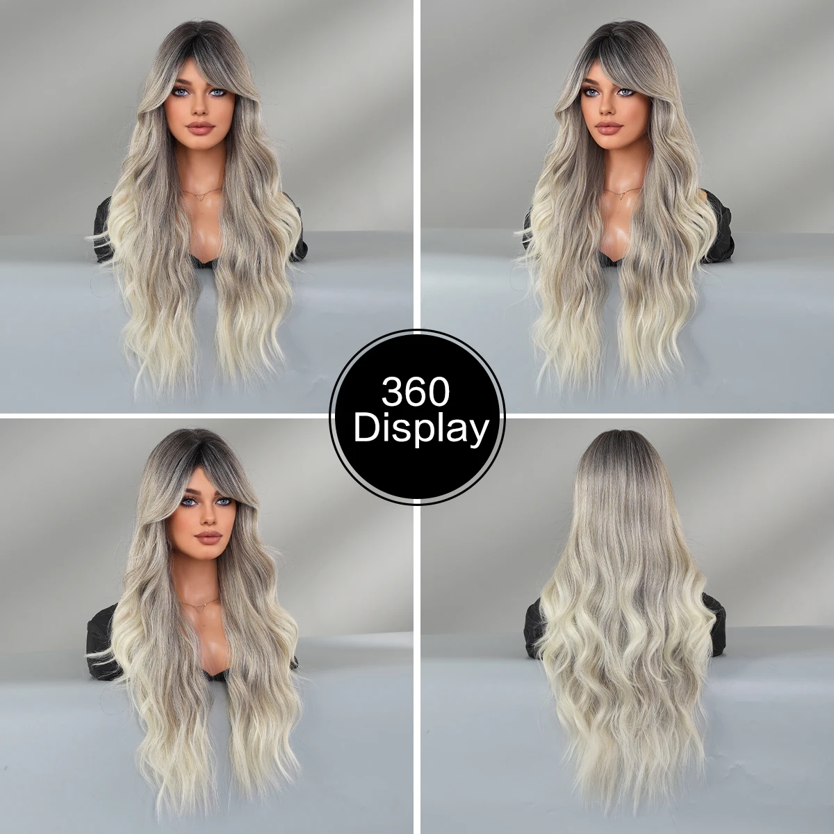 PARK YUN Heat Resistant Synthetic Natural Ash Wigs Dark Roots For Women Daily Use Loose Wave Gradient Beige Wig with Neat Bangs