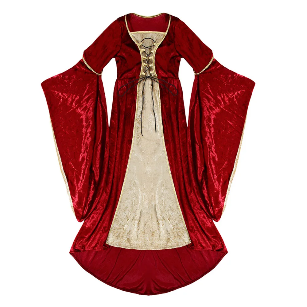 وصل حديثًا لعام 2025 ملابس أوروبية كلاسيكية للأطفال من العصور الوسطى فستان مخملي باللونين الأحمر والأخضر أزياء الهالوين للفتيات