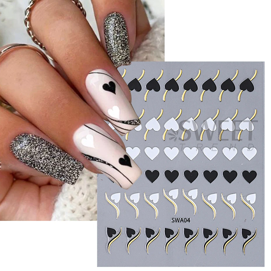 Gold Wave Line Heart Nail Art Stickers Metal Curved Strip Black Red Love Design Simple Valentine's Theme Decals Manicure Sliders