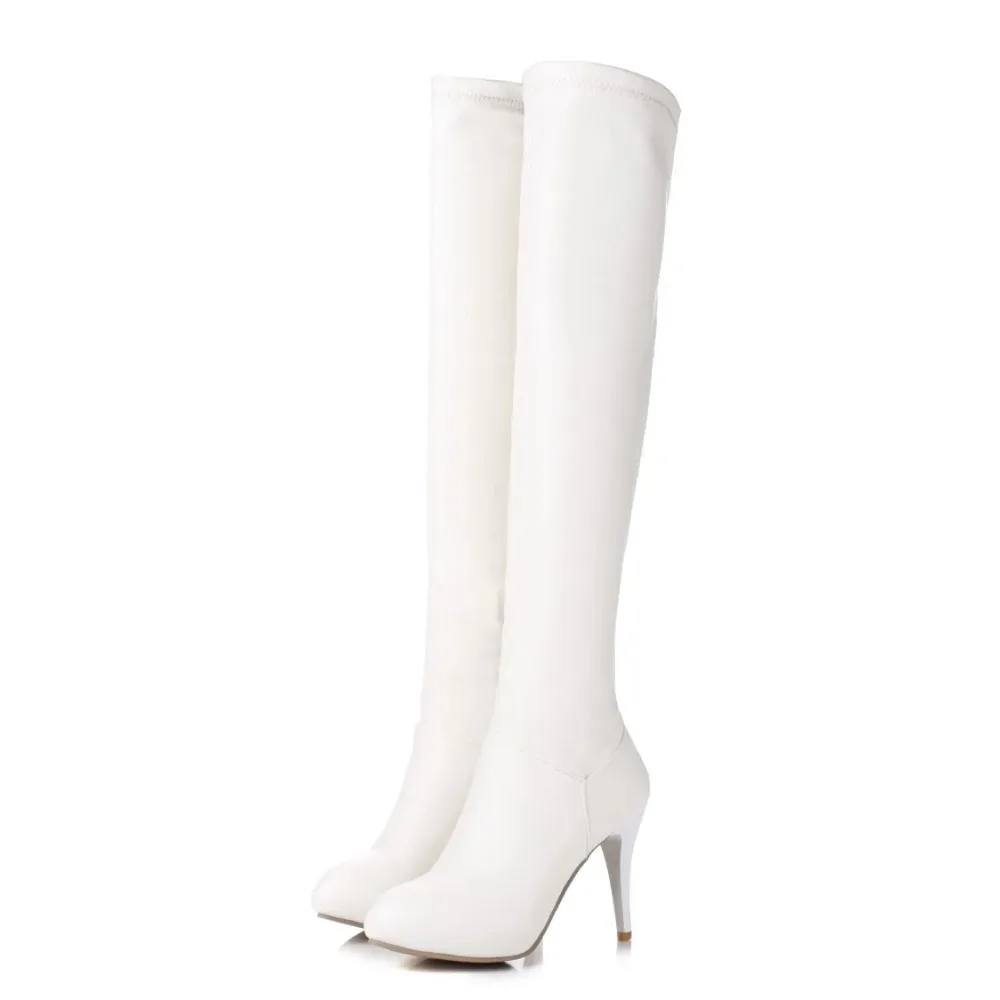 Customized Size 32-45 Winter Warm Women Black White High Heels 10Cm Zipper Leather Over The Knee High Boots T601