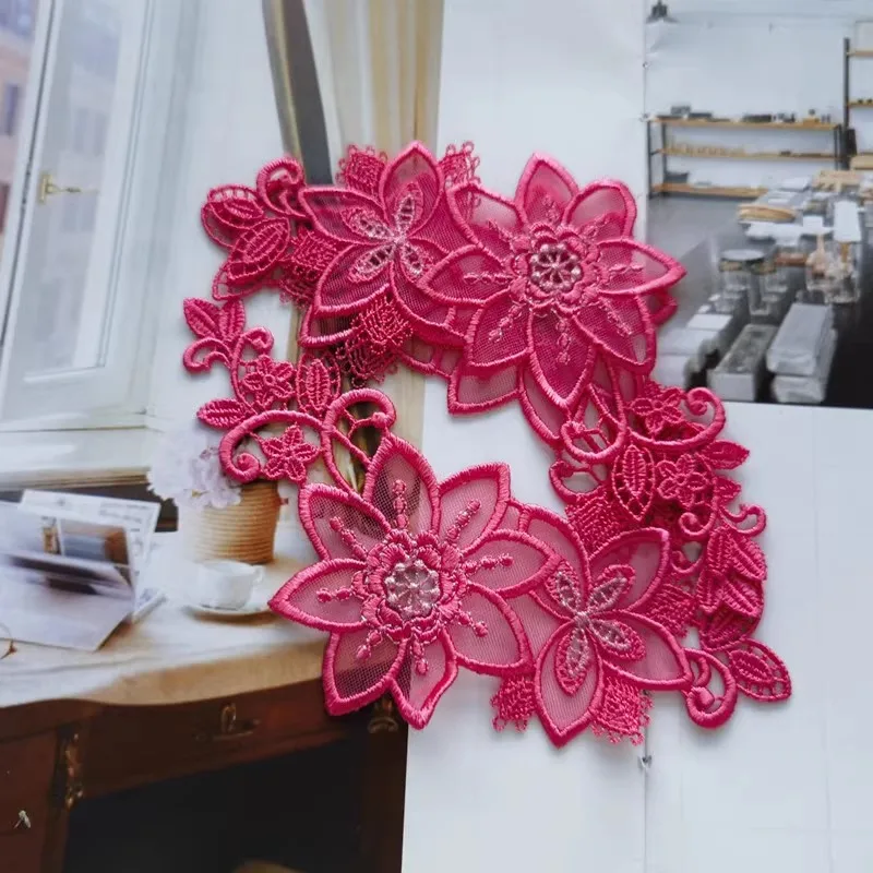 4PCS/Lot 6*13.5cm Fluorescent Rose Red Fuchsia Color Flower Sewing Motif Venise Lace Applique for Garment Embroidery Lace Patch