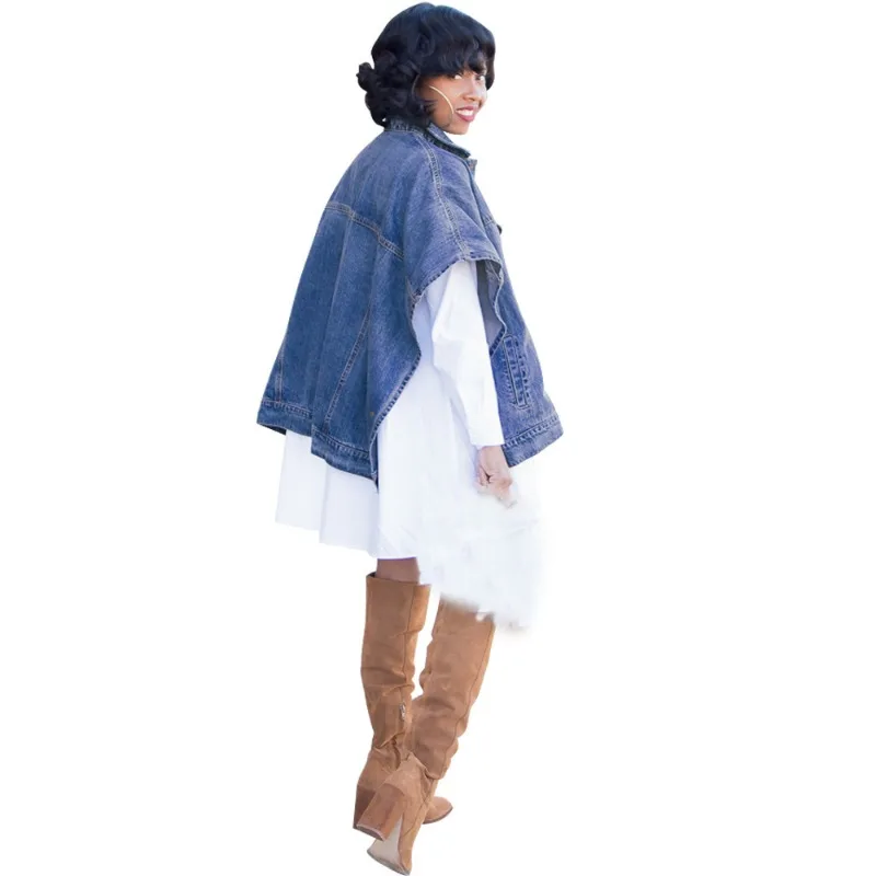 Women  New  Lightweight  Casual  Pockets  Design  Fashion  Loose  Fall  Lapel  Denim  Loose  Ripped  Long Sleeve  Short  Shawl