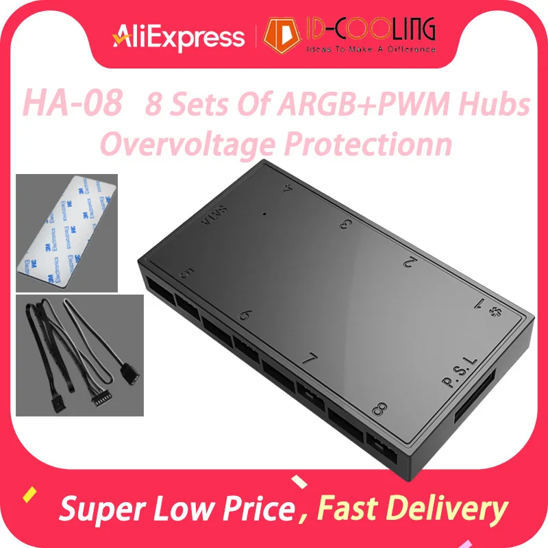

ID-COOLING HA-08 8-портовый вентилятор-концентратор 8 комплектов 5 В 3-контактный ARGB + 12 В 4-контактный ШИМ-концентратор с питанием от SATA Поддержка синхронизации материнской платы ARGB