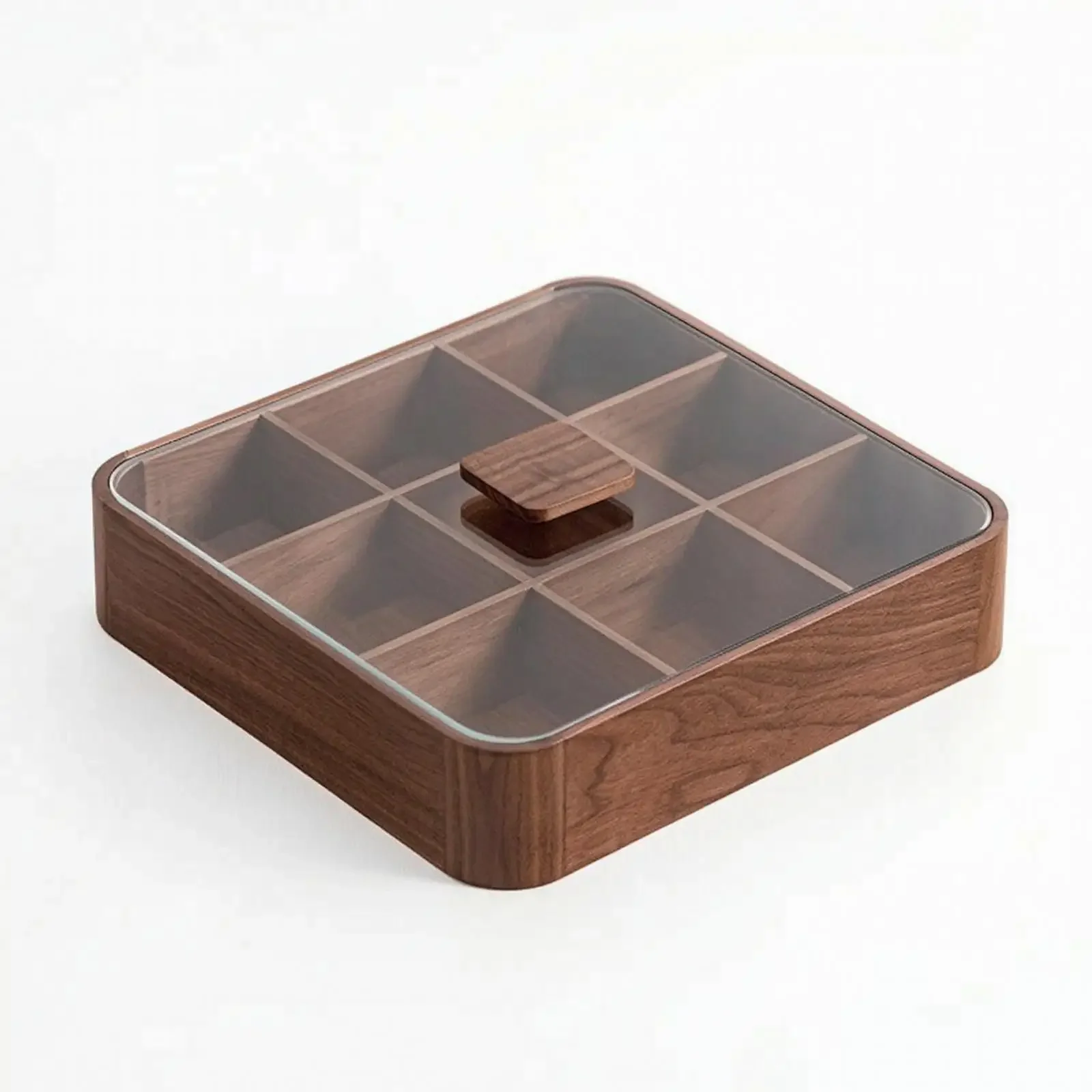 Wooden Snack Storage Box with Glass Lid Walnut-Toned Divided Snack Storage Box Serving Tray with Glass Lid for Hosts, Living
