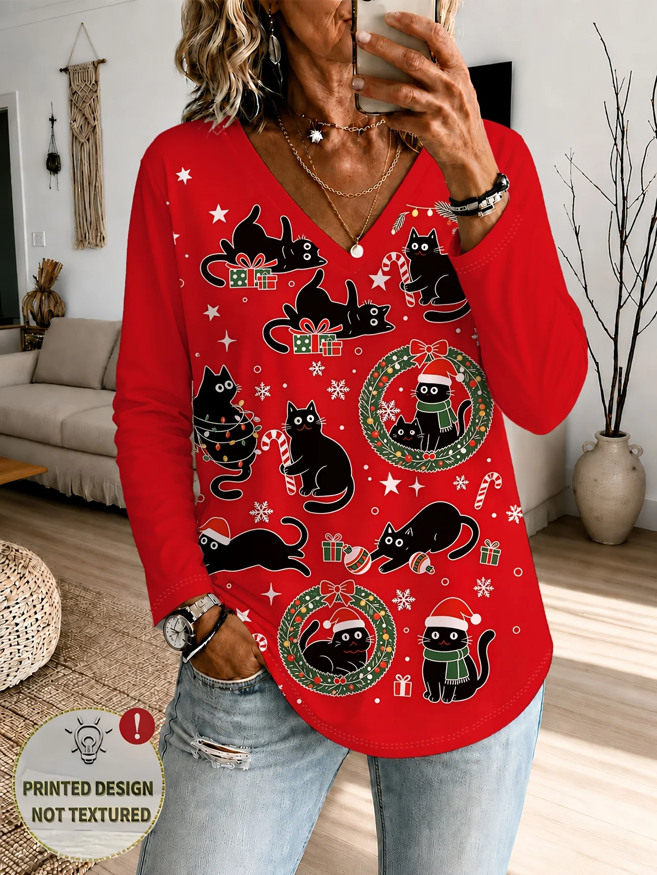 Women Long Sleeve Top Christmas Black Cat Gift Wreath Snowflake Print V Neck Casual Daily Party Tee Women's Clothes
