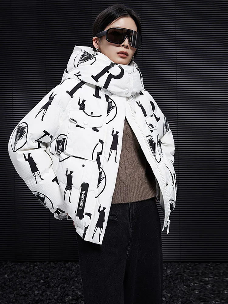 2024 Winter New Korean Print Thicken Down Jacket White Duck Down Hooded Fashion Short Coat Women's Warm Thicken Parkas Overcoat