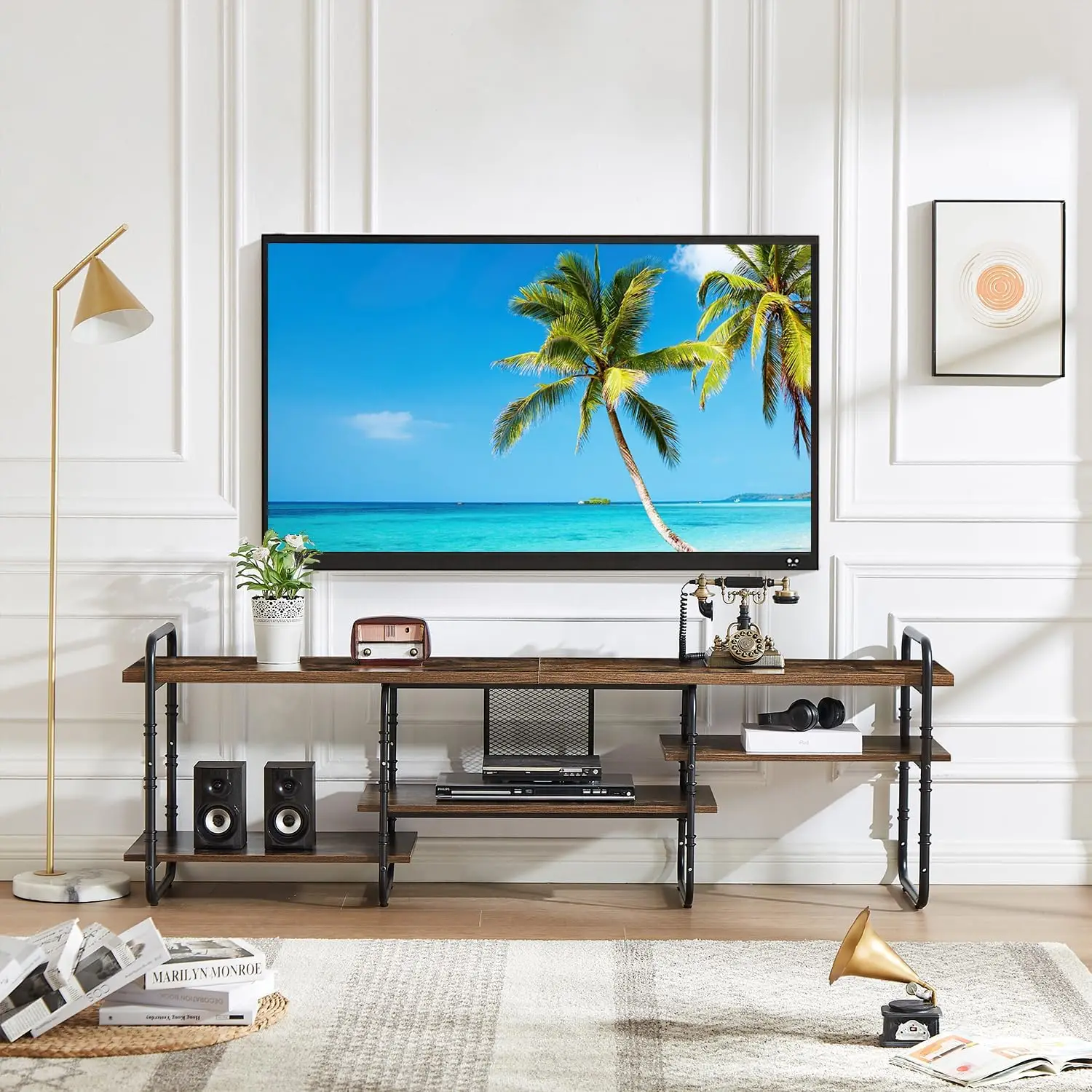 

65" Vintage TV Stand with 3-Tier Open Shelves, Wooden Entertainment Center for TVs up to 70", Living Room/Bedroom